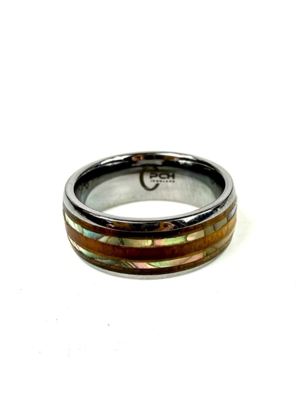 Tungsten Ring Hawaiian Koa Wood & Abalone Inlay Wedding Band Size 8